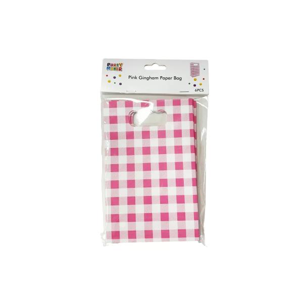 6 Pack Pink Gingham Paper Bag - 12cm x 6cm x 18.5cm
