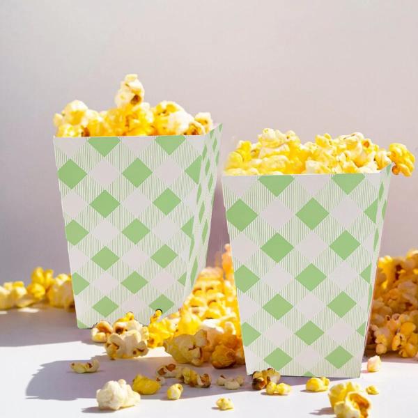 10 Pack Green Gingham Popcorn Box - 10cm x 6cm x 15cm