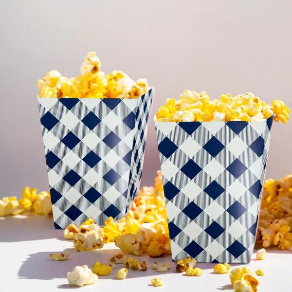 10 Pack Blue Gingham Popcorn Box - 10cm x 6cm x 15cm