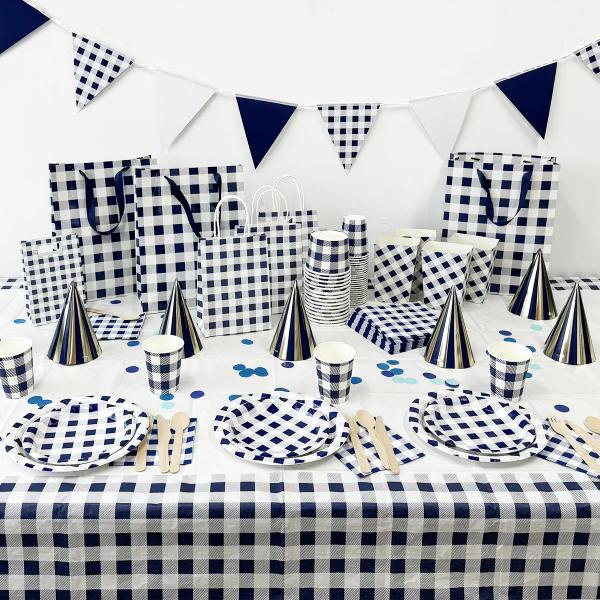 Blue Gingham Paper Table Cover - 180cm x 120cm