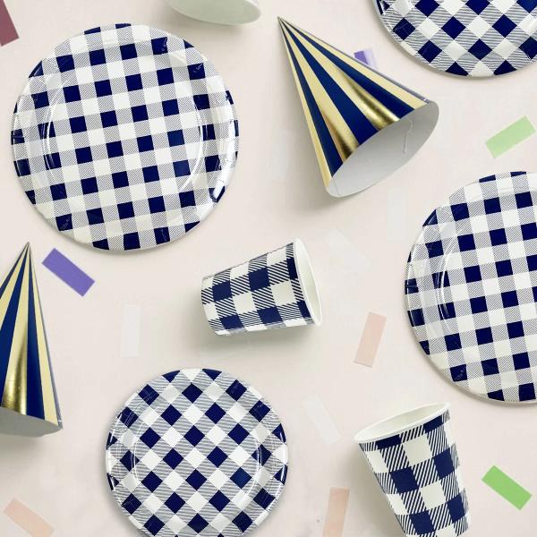 20 Pack Blue Gingham Paper Cup - 266ml