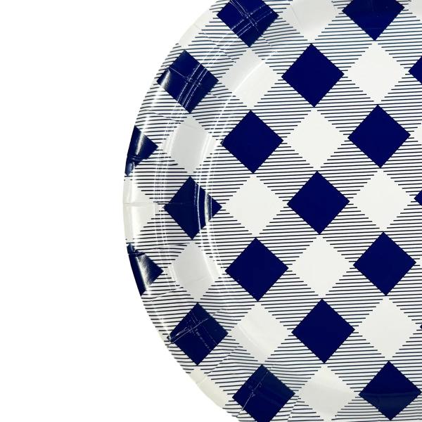 20 Pack Blue Gingham Paper Plate - 17cm