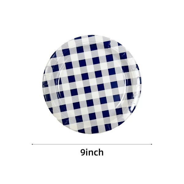 20 Pack Blue Gingham Paper Plate - 22cm
