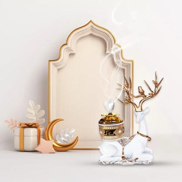 Arabic Metal Ceramic Gold & White Deer Incense Burner - 16cm x 19cm