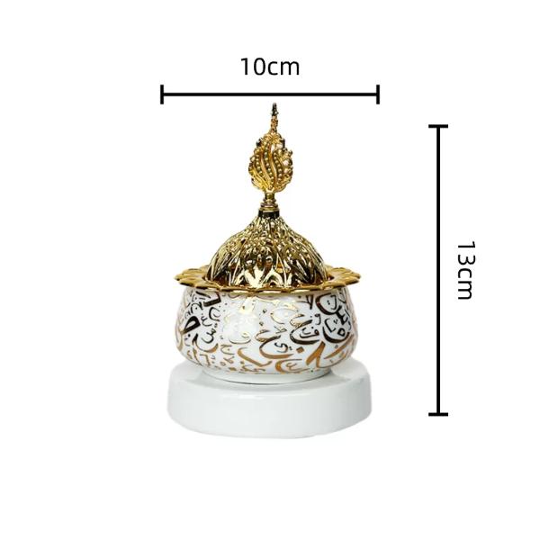 Arabic Metal Ceramic Gold & White Incense Burner - 10cm x 13cm