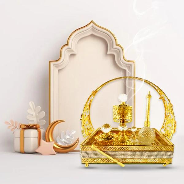 Arabic Metal Ceramic Gold Incense Burner Set - 30cm x 19cm