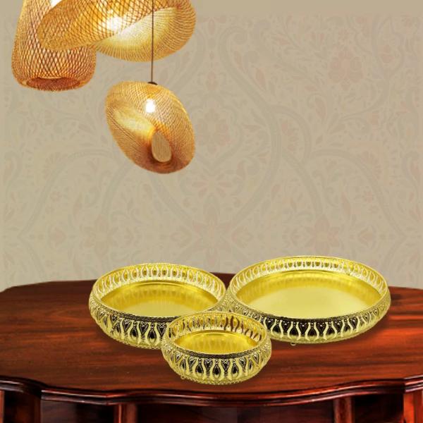 3 Pack Golden Round Serving Tray Set