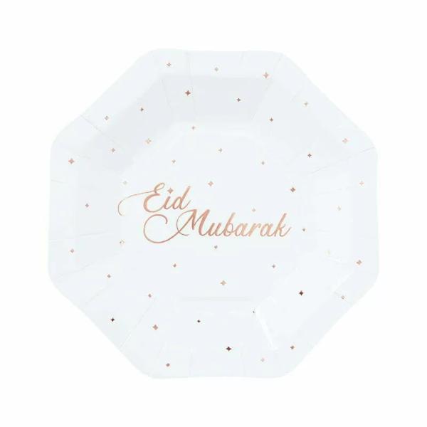 8 Pack Rose Gold Eid Mubarak Plates - 18cm