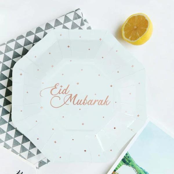 8 Pack Rose Gold Eid Mubarak Plates - 18cm