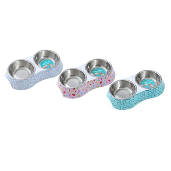 Melamine & Stainless Steel Printed Double Pet Bowl - Assorted