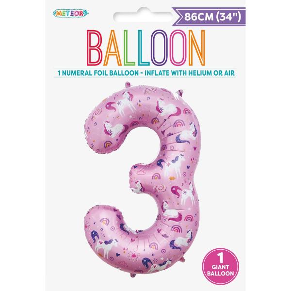 Number 3 Unicorn Printed Foil Balloon - 86cm