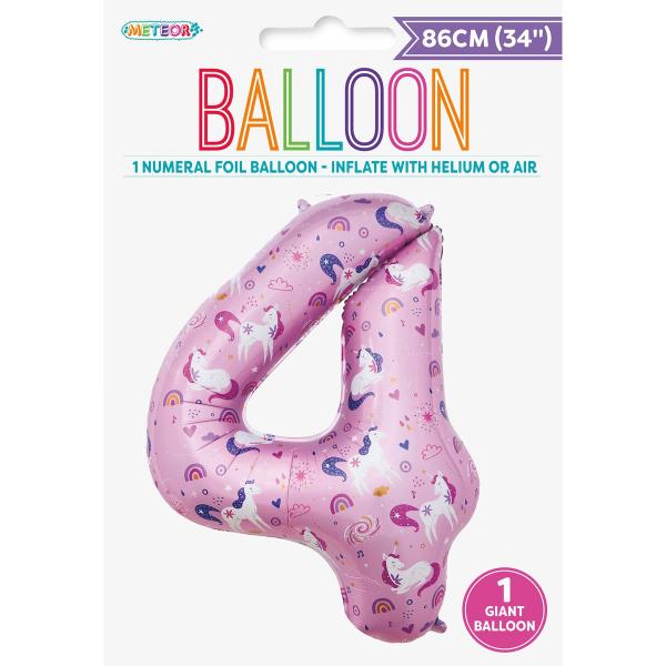 Number 4 Unicorn Printed Foil Balloon - 86cm