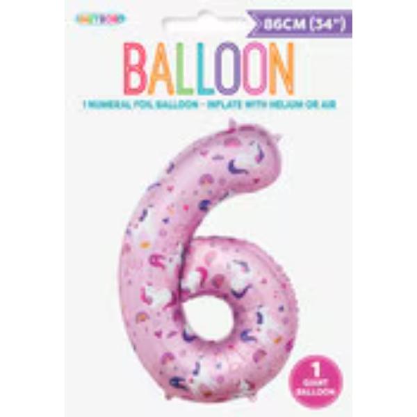 Number 6 Unicorn Printed Foil Balloon - 86cm