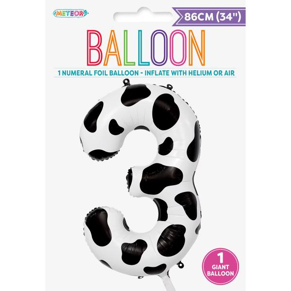Number 3 Cow Printed Foil Balloon - 86cm