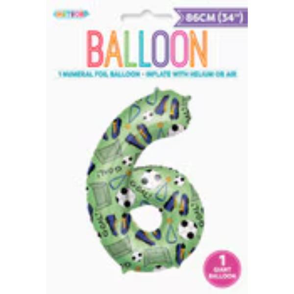 Number 6 Soccer Printed Foil Balloon - 86cm