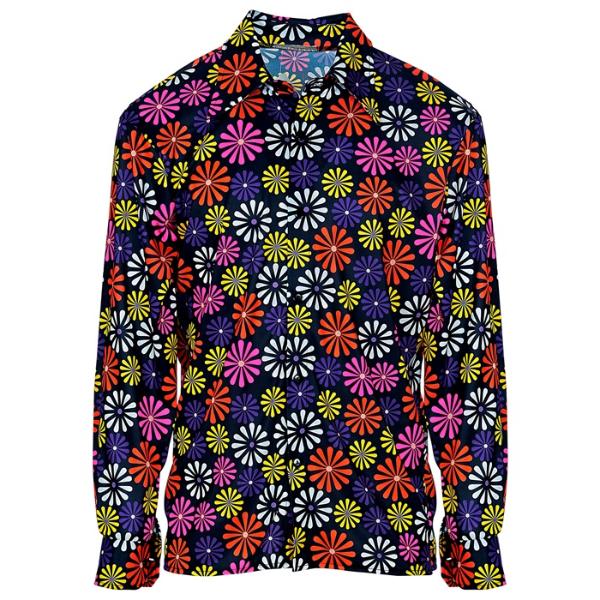 The 70s Groovy Style Blue Flowers Shirt - Large - X Large
