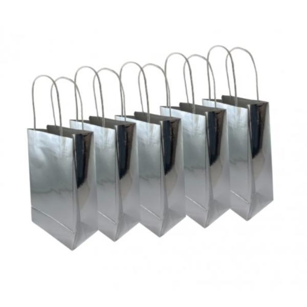 5 Pack Metallic Silver Paper Party Bags - 21.5cm x 13cm x 8cm