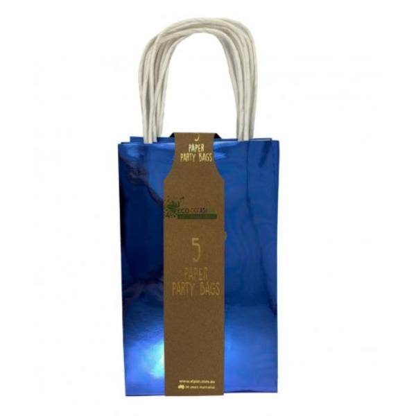 5 Pack Metallic Blue Paper Party Bags - 21.5cm x 13cm x 8cm