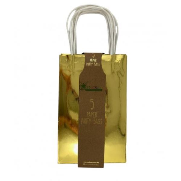 5 Pack Metallic Gold Paper Party Bags - 21.5cm x 13cm x 8cm