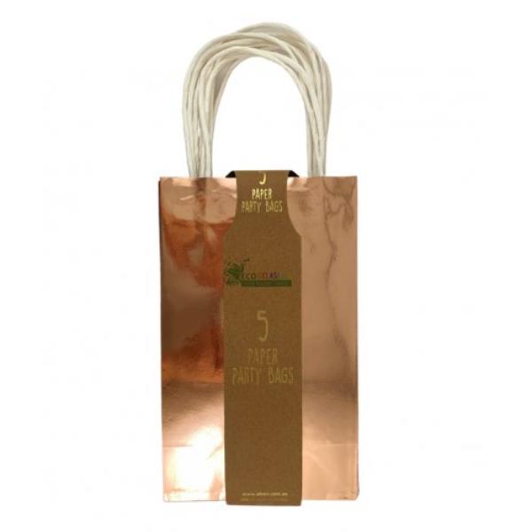 5 Pack Metallic Rose Gold Paper Party Bags - 21.5cm x 13cm x 8cm