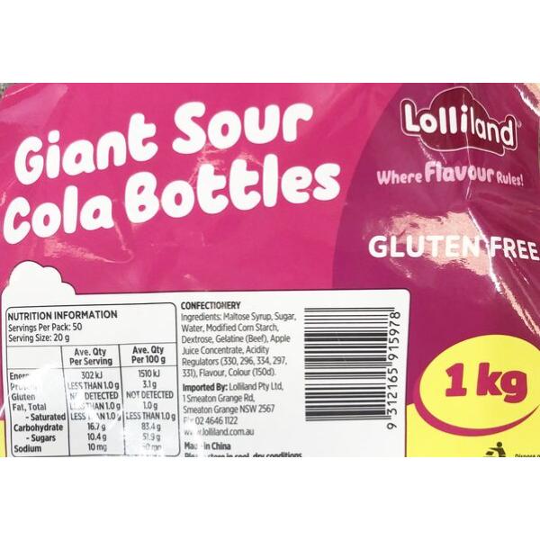 Giant Sour CoLA Bottles Lollies - 1kg