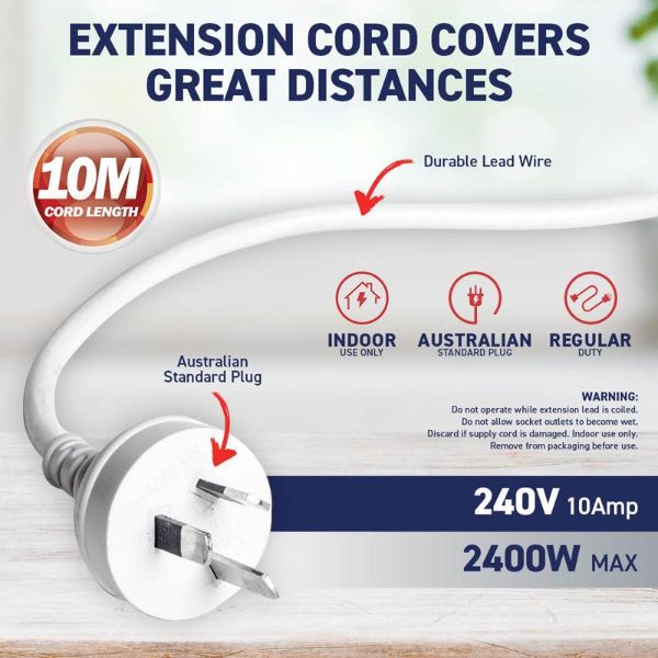 White 240V 10A Max Load 2400W Extension Lead - 10m