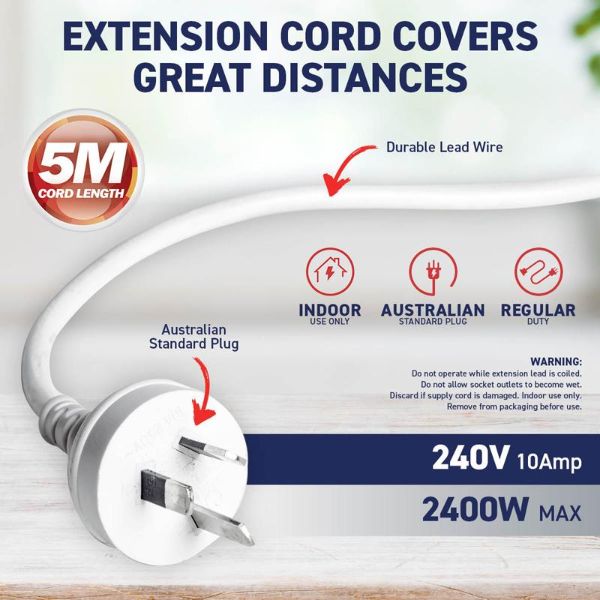 White 240V 10A Max Load 2400W Extension Lead - 5m