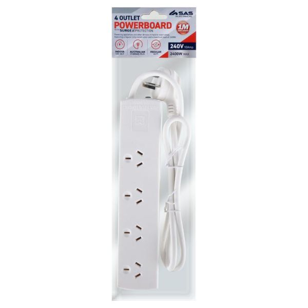 White 240V 10A Max Load 2400W 4 Outlets With Surge Protection - 1m