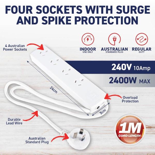 White 240V 10A Max Load 2400W 4 Outlets With Surge Protection - 1m