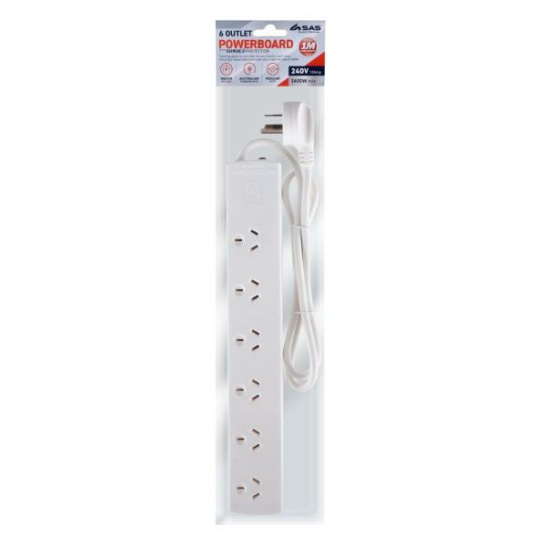 White 240V 10A Max Load 2400W 6 Outlets With Overload Protection Power Board - 1m