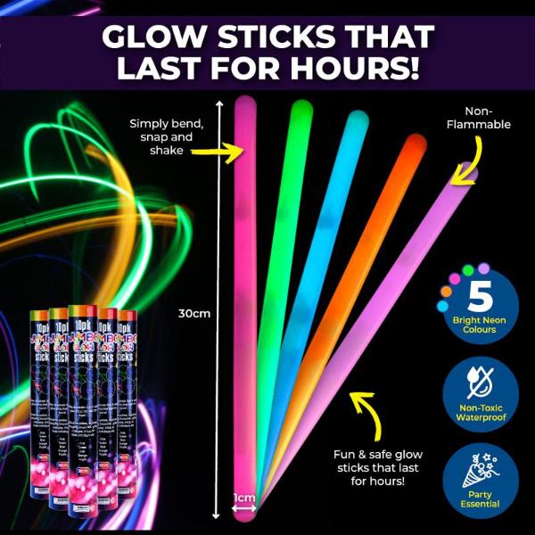 10 Pack Jumbo Glow Sticks - 30cm