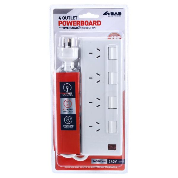 White 240V 10A Max Load 2400W 4 Outlets With Individual Swith & Overload Protection Power Board - 1m