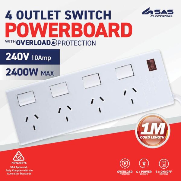 White 240V 10A Max Load 2400W 4 Outlets With Individual Swith & Overload Protection Power Board - 1m