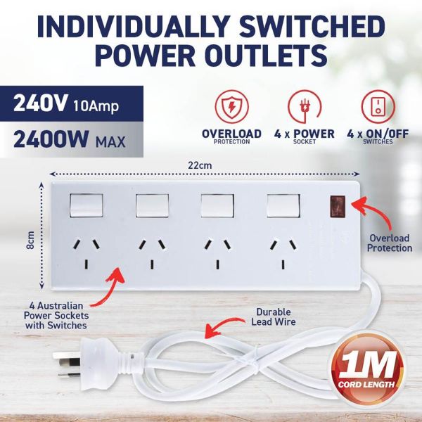 White 240V 10A Max Load 2400W 4 Outlets With Individual Swith & Overload Protection Power Board - 1m