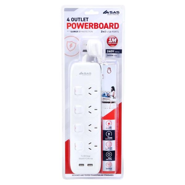 White 240V 10A Max Load 2400W Power Board With 2 USB Ports - 1m
