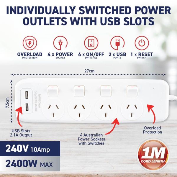 White 240V 10A Max Load 2400W Power Board With 2 USB Ports - 1m