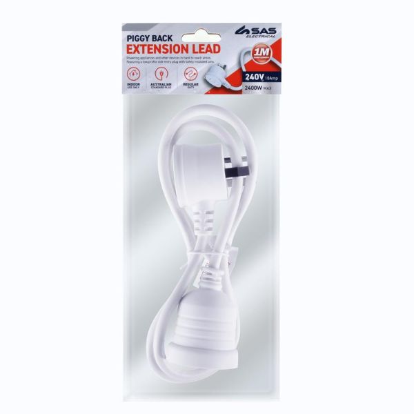 White 240V 10A Max Load Piggy Back Extension Lead - 1m