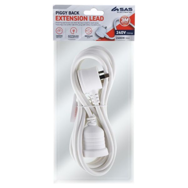 White 240V 10A Max Load Piggy Back Extension Lead - 3m