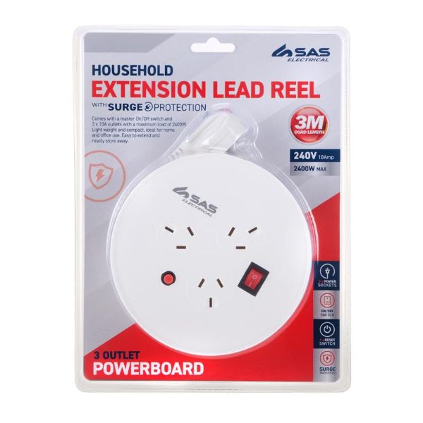 White 240V 10A Max Load 2400W Extension Lead - 3m