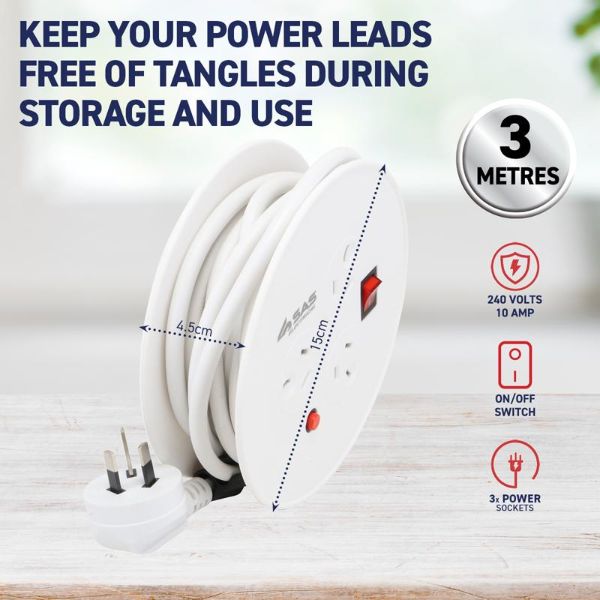 White 240V 10A Max Load 2400W Extension Lead - 3m