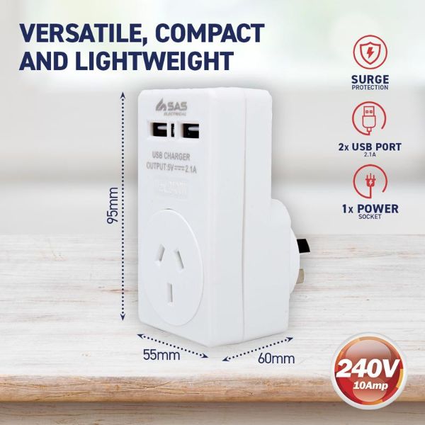 White 240V 10A Max Load 2400W Adaptor With Dual USB Ports