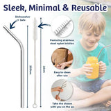 Load image into Gallery viewer, 5 Pack Reusable Stainless Steel Curved Head Straws With Cleaning Brush - 20.5cm x 0.6cm
