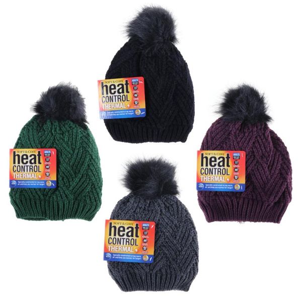 Women Soft & Cosy Heat Control Thermal Lined Pom Pom Herringbone Knitted Beanie