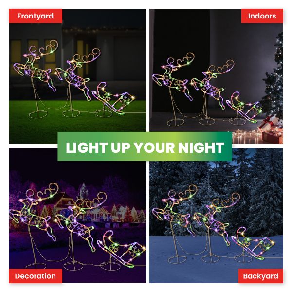 Multicolour Reindeer & Sleigh Rope Light With Stands - 300cm