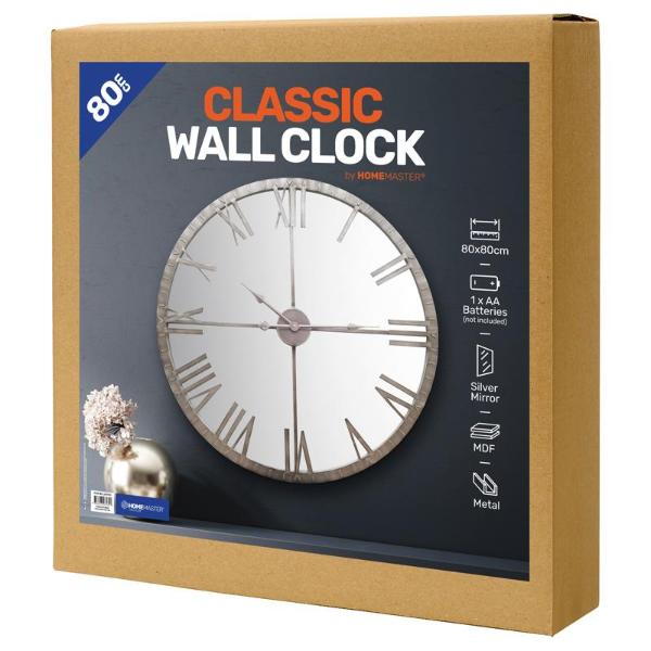 Classic Silver Round Wall Clock - 80cm