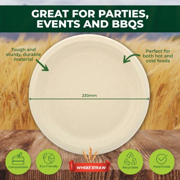 30 Pack Round Eco Friendly Wheat Straw Dinner Plate - 23cm