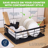 Load image into Gallery viewer, Black Modern Dish Drying Rack With Cutlery Holder &amp; Drip Tray 42cm x 30cm x 13cm
