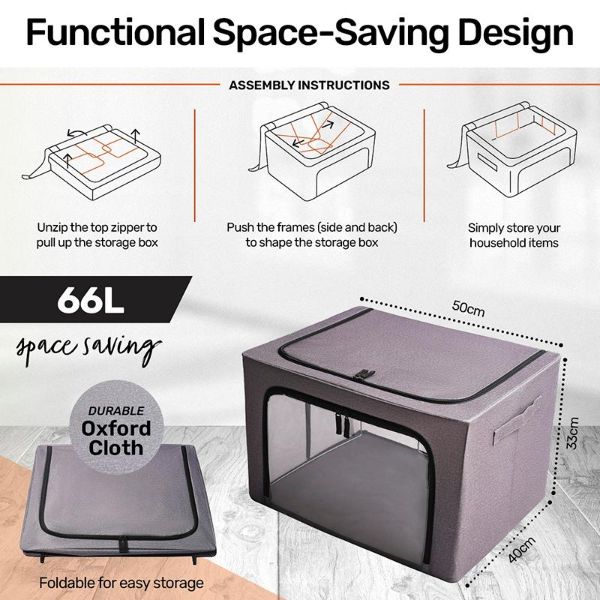 Grey Fabric Foldable 66L Storage Box With Clear Window - 50cm x 40cm x 33cm