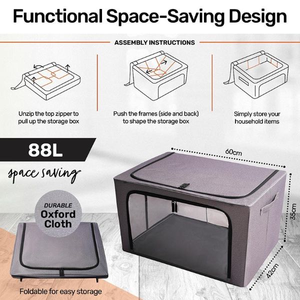 Grey Fabric Foldable 88L Storage Box With Clear Window - 60cm x 42cm x 35cm