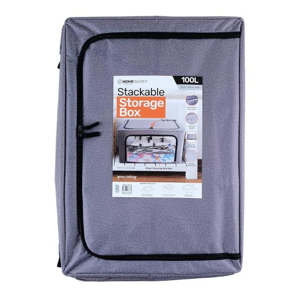 Grey Fabric Foldable 100L Storage Box With Clear Window - 60cm x 42cm x 40cm